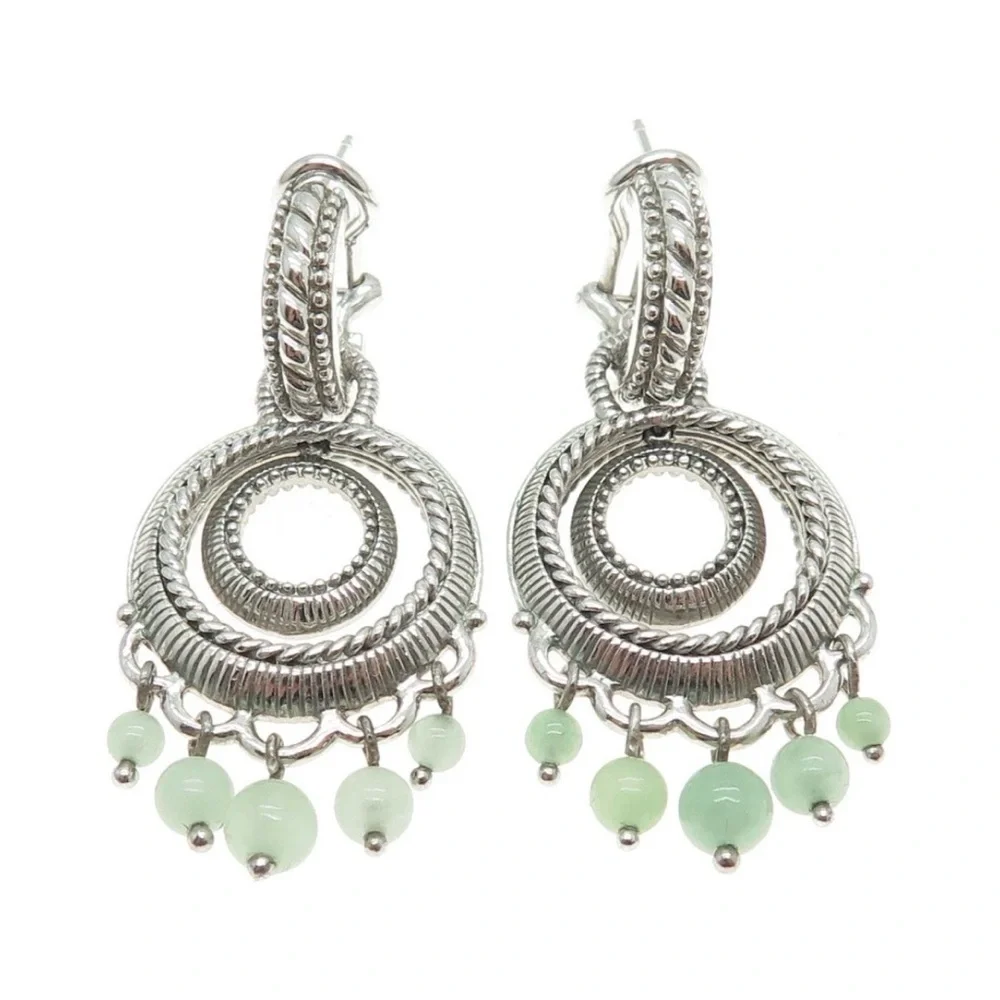 JUDITH RIPKA 925 Sterling Silver Real Jade Dangle Charm Omega Back Earrings